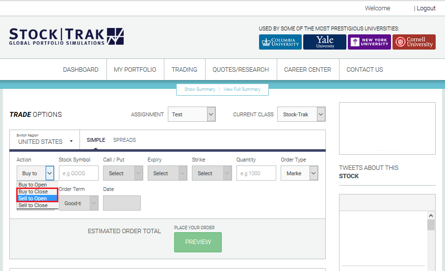 how to buy options on stock trak