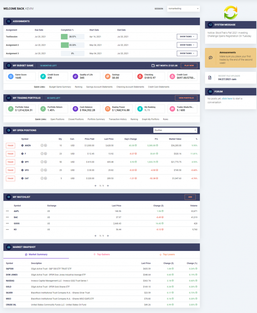 Student Stock Trader Login