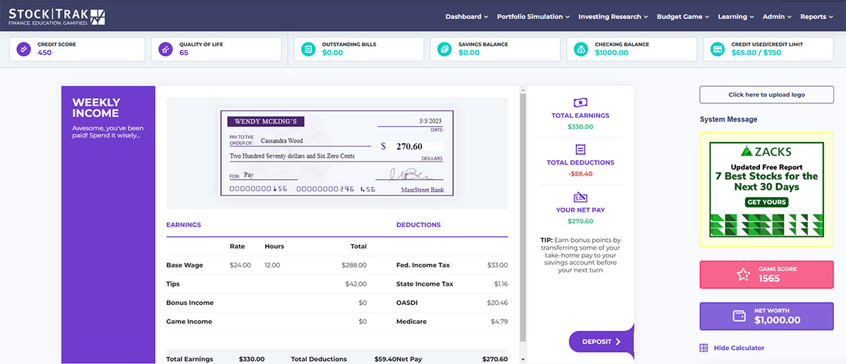 personal budgeting game